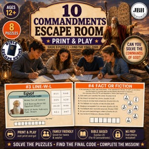 May include: A 10 Commandments Escape Room print and play game kit featuring 8 puzzles. The image displays game sheets with tasks like Line-W-L and Fact or Fiction, alongside a group of people solving puzzles in a desert setting with biblical imagery.