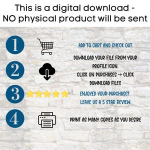 May include: A digital download guide with numbered steps and icons. Instructions include adding to cart, downloading from the profile icon, and printing. The text also encourages a 5-star review.