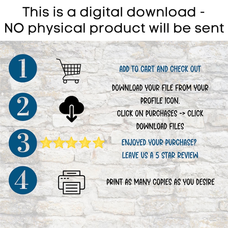 May include: A digital download guide with numbered steps and icons. Instructions include adding to cart, downloading from the profile icon, and printing. The text also encourages a 5-star review.