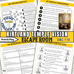 May include: A printable escape room game titled "Kirtland Temple Vision" with multiple choice questions and vocabulary matching. The game includes a "Come Follow Me 2025" logo and a picture of a church.