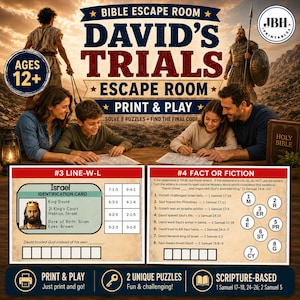 Op de afbeelding: Een bijbels escape room print-en-speelspel getiteld David's Trials, met een gezin dat puzzels oplost. Het spel bevat een Israël-identiteitskaart met details van koning David en een genummerd Feit of Fictie puzzelblad.