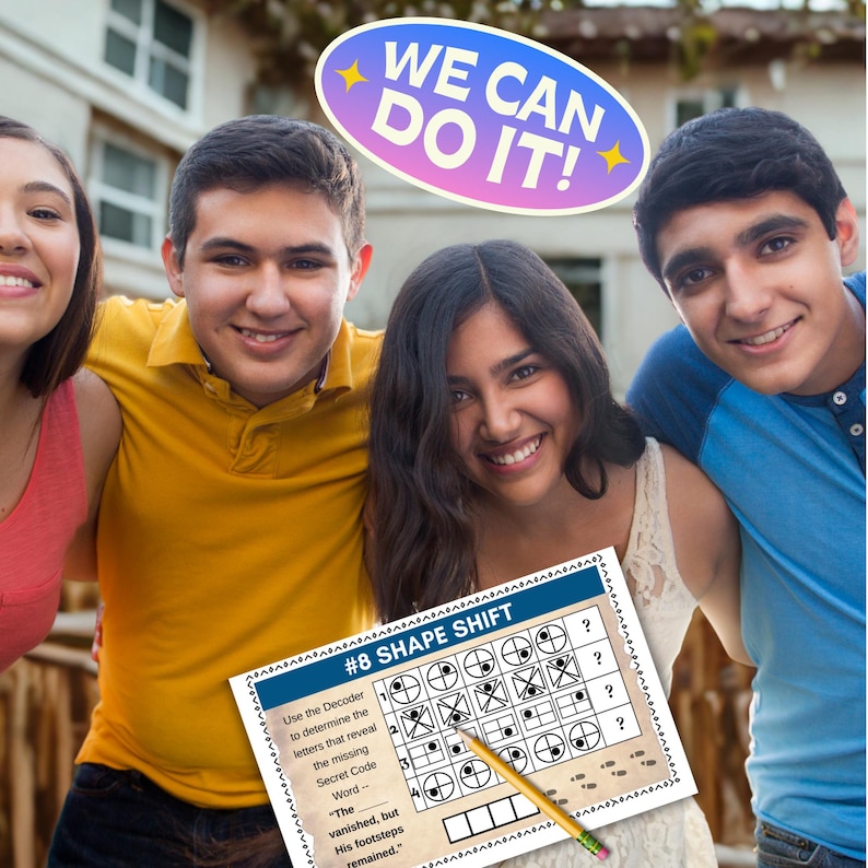 May include: A group of four smiling people pose together, with a puzzle in the foreground. The puzzle card has the text "#8 SHAPE SHIFT" and a series of shapes and questions. A pencil points to the puzzle. A banner above the group says "WE CAN DO IT!"
