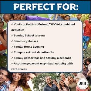 May include: A promotional image with the text "PERFECT FOR:" in a blue banner. The image lists activities such as youth activities, Sunday School lessons, and family gatherings. A collage of smiling people surrounds the text.