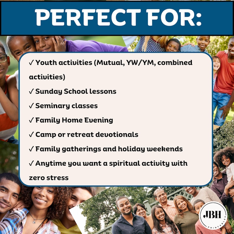 May include: A promotional image with the text "PERFECT FOR:" in a blue banner. The image lists activities such as youth activities, Sunday School lessons, and family gatherings. A collage of smiling people surrounds the text.