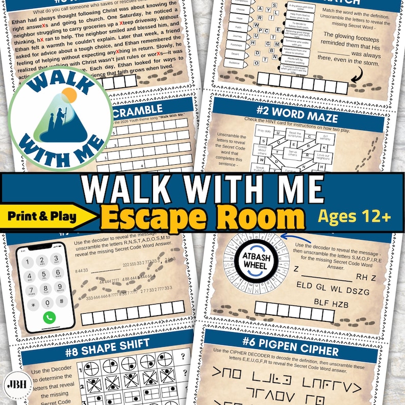 May include: A set of colorful, printable escape room puzzles with the text "Walk With Me" and "Escape Room Ages 12+". Includes various puzzle types like mazes, ciphers, and scrambles. Features a logo with a person walking towards a sun.