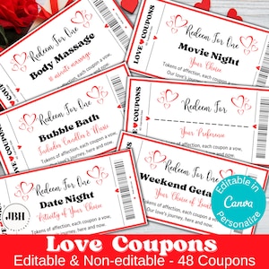Heartfelt Love Coupons: Ready-Made & Customizable, Editable Love Coupons for Personalized Romantic Gestures, Canva-Editable Love Coupon Book