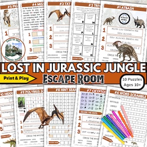 May include: A colorful printable escape room game with a dinosaur theme. The game includes 10 puzzles and is recommended for ages 10 and up. The game is titled "Lost in Jurassic Jungle Escape Room".