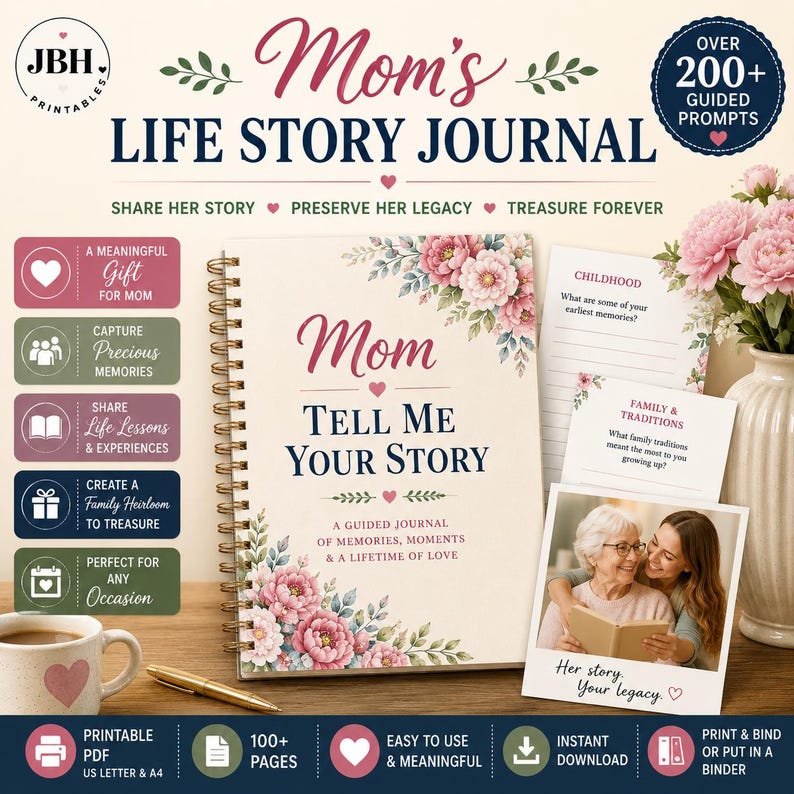 Puede incluir: Un diario de espiral titulado Mom Tell Me Your Story con ilustraciones florales, que incluye m&aacute;s de 200 preguntas guiadas. El conjunto contiene una p&aacute;gina impresa con preguntas sobre la infancia, una foto, un bol&iacute;grafo dorado y una taza con un coraz&oacute;n.