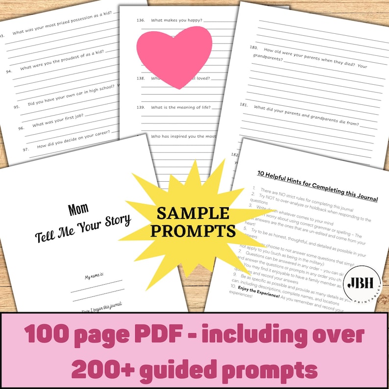 Puede incluir: Un diario en PDF de 100 p&aacute;ginas titulado Mom Tell Me Your Story, que incluye m&aacute;s de 200 preguntas guiadas en papel blanco. Las p&aacute;ginas contienen preguntas numeradas sobre la historia de vida, consejos &uacute;tiles y un gr&aacute;fico de estrella amarillo.