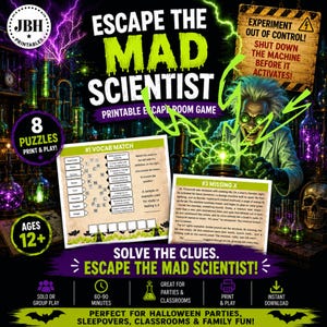 Puede incluir: Un juego de escape imprimible titulado Escape the Mad Scientist con un científico de dibujos animados, rayos verdes, una calavera y equipo de laboratorio. Incluye hojas de rompecabezas con texto e instrucciones del juego.