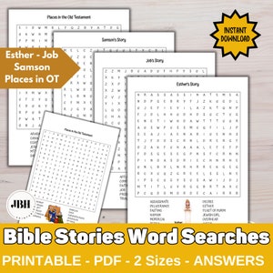 Bible Stories Word Searches, Esther, Job, Samson, Places in the Old Testament, High-Quality Bible Stories Puzzle and Answers, Fun Bible Game