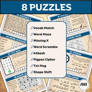 May include: A collection of eight puzzle sheets with various word and code-breaking challenges. The puzzles include Vocab Match, Word Maze, Missing X, Word Scramble, Atbash, Pigpen Cipher, Txt Msg, and Shape Shift. The title "8 PUZZLES" is at the top.