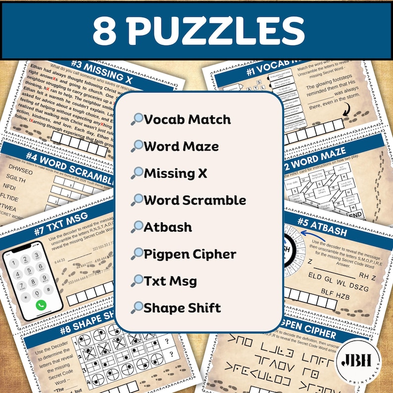 May include: A collection of eight puzzle sheets with various word and code-breaking challenges. The puzzles include Vocab Match, Word Maze, Missing X, Word Scramble, Atbash, Pigpen Cipher, Txt Msg, and Shape Shift. The title "8 PUZZLES" is at the top.