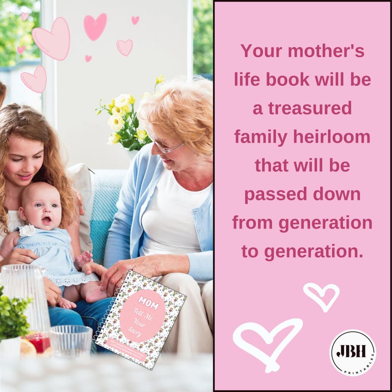 Puede incluir: Un libro de espiral titulado MOM Tell Me Your Story con una cubierta de estampado floral. El texto en el panel lateral rosa dice: Your mother's life book will be a treasured family heirloom that will be passed down from generation to generation.