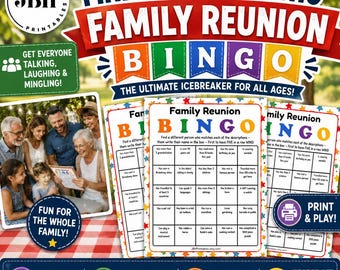 May include: A printable Family Reunion Bingo game set featuring colorful banners and grid cards with prompts like has more than 5 grandchildren, is the oldest sibling, and has run a marathon. The design includes text for instant download and play.
