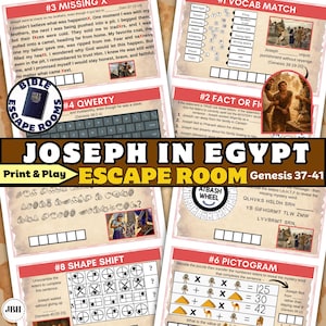 May include: A colorful educational game titled "Joseph in Egypt" with various puzzles, including word matches, shape shifts, and pictograms. The game features Bible-themed content and is designed for print and play.
