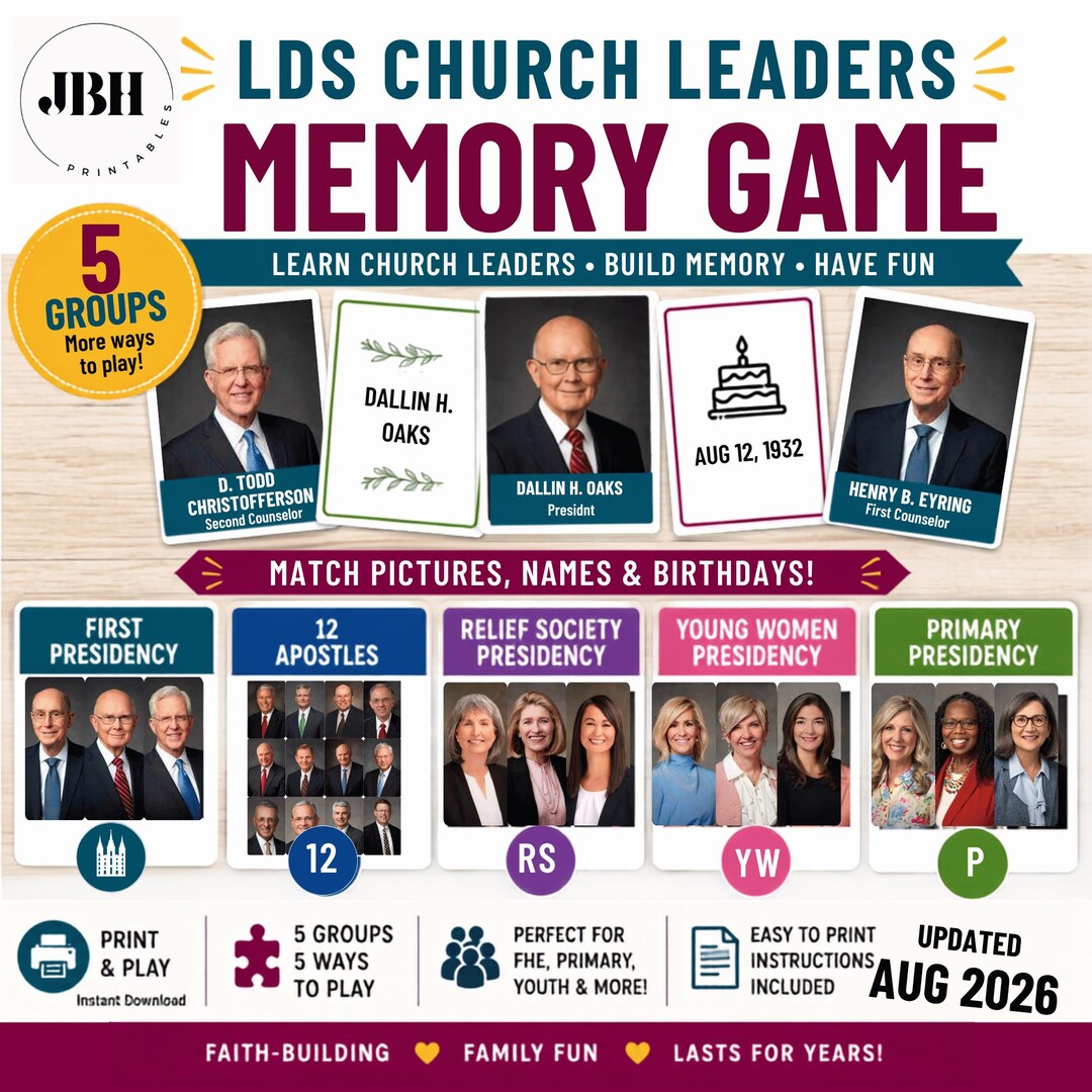 LDS Church Leaders Memory Game - Church Presidencies & 12 Apostles *aug ...