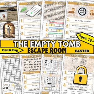 May include: A colorful Easter-themed escape room game with various puzzles, including text messages, ciphers, and unscrambled words. The game is titled "The Empty Tomb" and is designed for ages 12 and up. Print & Play.