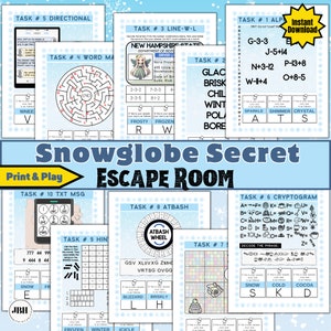 Puede incluir: Un juego de escape room imprimible con temática invernal. El juego incluye 10 tareas, cada una con un rompecabezas diferente para resolver. Las tareas incluyen una búsqueda de palabras, un criptograma, un laberinto direccional, un rompecabezas de línea, un código alfabético, un rompecabezas de mensaje de texto, un rompecabezas de mensaje oculto, un cifrado atbash, un rompecabezas de números y un rompecabezas de imágenes. El juego está diseñado para niños y adultos.