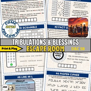 Jeu d'évasion Tribulations et bénédictions SDJ, jeu à imprimer pour une activité entre les jeunes ou une soirée en famille, salle d'évasion Foi et Obéissance, jeu D&A 58
