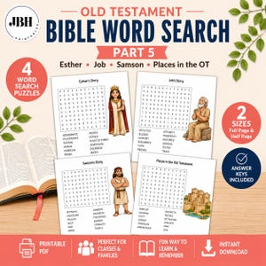 May include: A digital printable set titled Old Testament Bible Word Search Part 5, featuring four puzzles: Esther's Story, Job's Story, Samson's Story, and Places in the Old Testament. Each page includes a word grid, a list of words, and illustrations.
