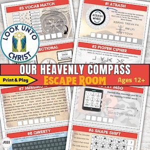 May include: A set of printable escape room game cards with a Christian theme. The cards feature various puzzles and codes to solve, including a vocabulary match, an Atbash cipher, a Pigpen cipher, a missing letter message, a shape shift puzzle, and a QWERTY code. The cards are designed for ages 12 and up.
