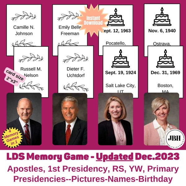 Updated December 2023 LDS Memory Game: 12 Apostles and Church Presidencies - 4 Games in 1 -  Printable LDS Game for Primary and LDS Youth