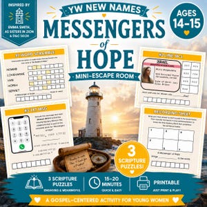 Op de afbeelding: Een printbare mini-escape room activiteit getiteld YW New Names Messengers of Hope voor 14-15 jarigen. De set bevat drie schriftuurpuzzels, een woordzoeker, een identificatiekaart, een sms-decoder en een opnameblad met een vuurtoren.