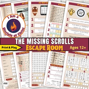 May include: A colorful printable escape room game for ages 12 and up. The game features ten different challenges, including word scrambles, code breaking, and a polybius square cipher. The game is themed around the Bible and features images of a cross, a crown of thorns, and a chalice.
