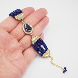 blue rhinestone sultan's bracelet, crystal ottoman bracelet, turkish jewelry, beaded multistrand women zircon bracelet, gift for mom