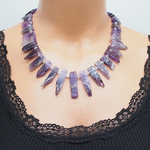 amethyst unusual healing necklace, big beaded bohemian chunky necklace, gemstone statement bib women jewelry, natural stone necklace gift