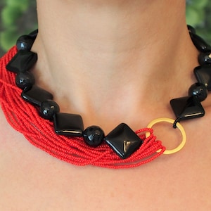 Black Agate Necklace, Red Seed Beaded Multistrand Chunky Necklace, Big Bold Unusual Statement Choker, Bohemian Bib Necklace, Gift for Women
