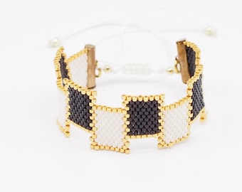 white black miyuki bracelet, boho bead jewelry, miyuki jewelry, handmade beadwoven adjustable bracelet, gift for mom, delica bracelet