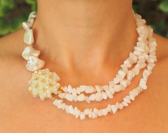 Crystal Quartz Chunky Necklace, White Majorica Pearl Multistrand Statement Bib Wedding Necklace, Bridal Quartz Jewelry, Gift for Woman,