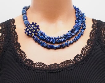 lapis lazuli layered bib necklace, september birthstone necklace, beaded healing women jewelry, statement boho chunky necklace, gift her