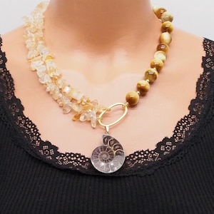 citrine pendant necklace, tiger eye beaded gemstone necklace jewelry, citrine jewelry, unusual boho natural stone necklace, gift for her