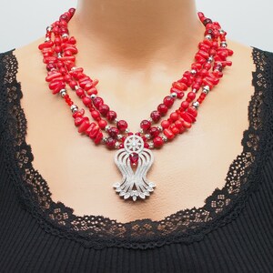 multi strand coral women necklace, red gemstone beaded layered necklace, pendant necklace, bib statement healing christmas gift for mom