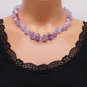 raw amethyst statement necklace, purple gemstone chunky women jewelry, beaded healing boho unusual big bold handmade necklace, gift for mom