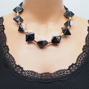 agate big beaded chunky necklace, unusual black natural stone bib necklace, gemstone avant garde healing statement women jewelry, gift mom
