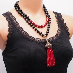 onyx tassel necklace, crystal beaded necklace, long tassel jewelry, gemstone tassel charm, gift mom, tassel pendant necklace, 40th jewelry