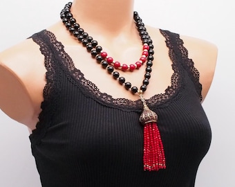 onyx tassel necklace, crystal beaded necklace, long tassel jewelry, gemstone tassel charm, gift mom, tassel pendant necklace, 40th jewelry