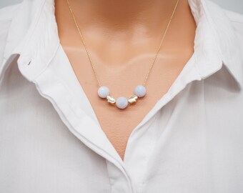 AAA chalcedony bib necklace, gemstone beaded healing chunky dainty necklace, 24K gold plated necklace, minimalist jewelry, gift for her