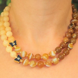 Chunky Calcite Necklace, Calcite Jewelry, Yellowish Brown Agate Gemstone Beaded Necklace, Gift for Woman, Multistrand Healing Bib Necklace