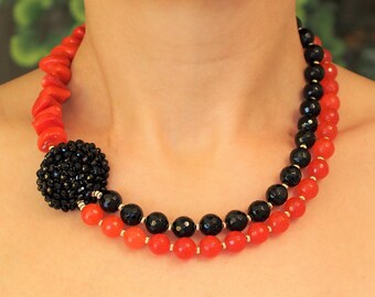 Chunky Coral Necklace, Vermilion Orange Agate Gemstone Beaded Multistrand Necklace, Gift for Woman Mum, Big Bold Unusual Necklace Jewelry