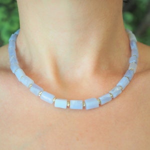 Babyblue Chalcedony Necklace, Gemstone Tube Beaded Statement Chunky Necklace, Chalcedony Jewelry, Dainty Delicate Bib Necklace, Gift for Her