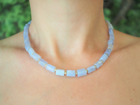Babyblue Chalcedony Necklace Gemstone Tube Beaded Statement Chunky Necklace Chalcedony Jewelry Dainty Delicate Bib Necklace Gift for Her Etsy