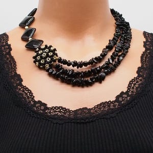 black beaded necklace, onyx gemstone multistrand jewelry, obsidian natural stone boho chunky bib necklace, statement necklace, gift for her