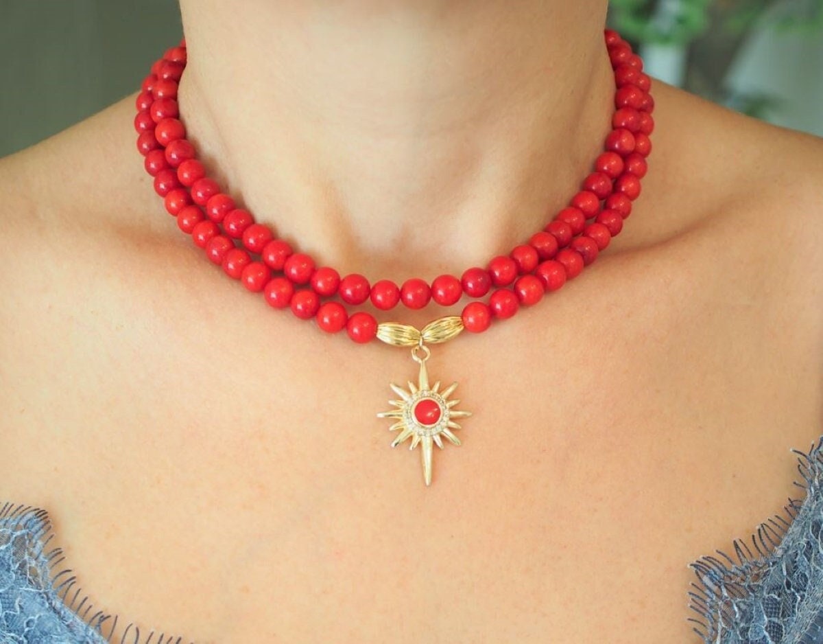 coral beaded bib women necklace, natural stone healing boho chunky necklace, gift for mom, multi strand birthday necklace for her,
