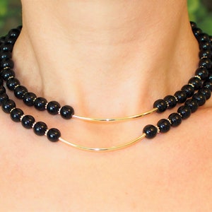 Onyx Chunky Necklace, Black Gemstone Beaded Multistrand Statement Layering Bib Necklace, Onyx Jewelry, Onyx Choker, Gift for Woman