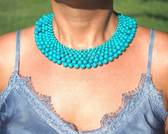 green turquoise bib collar necklace, turquoise choker, collar jewelry, healing boho multistrand gemstone beaded women chunky collar necklace